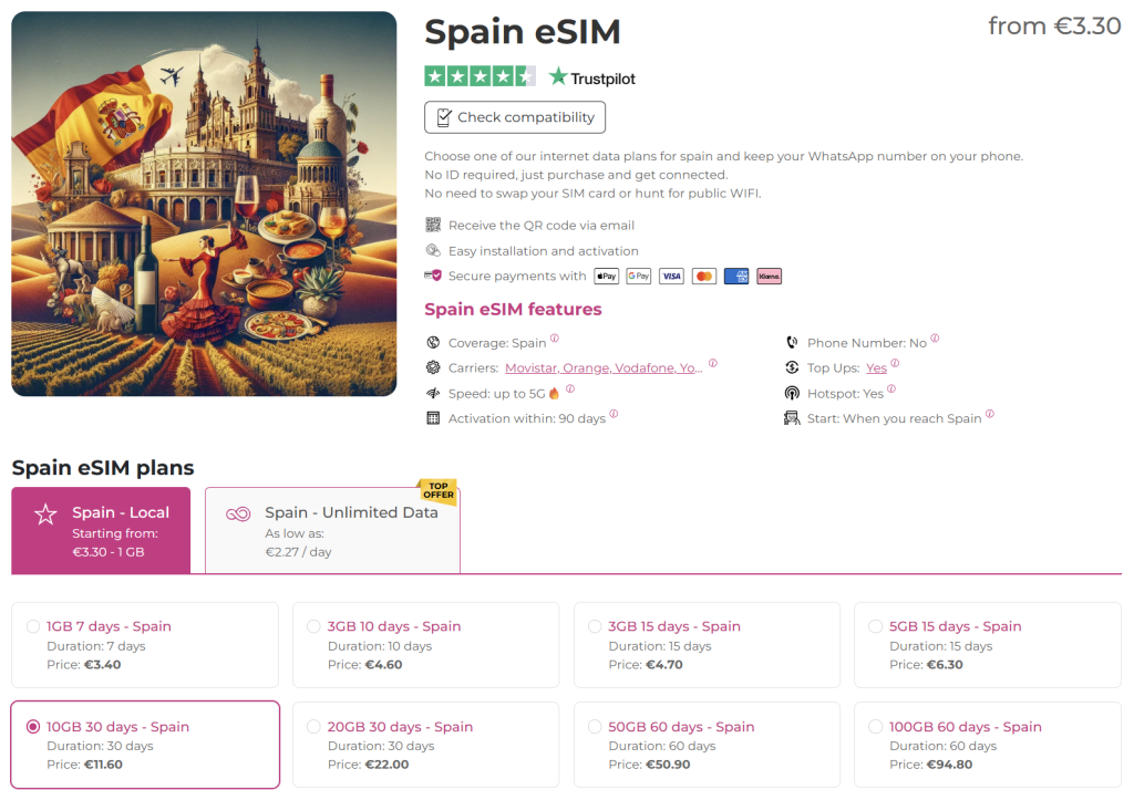 internet in spain with the spain esim of esim.sm