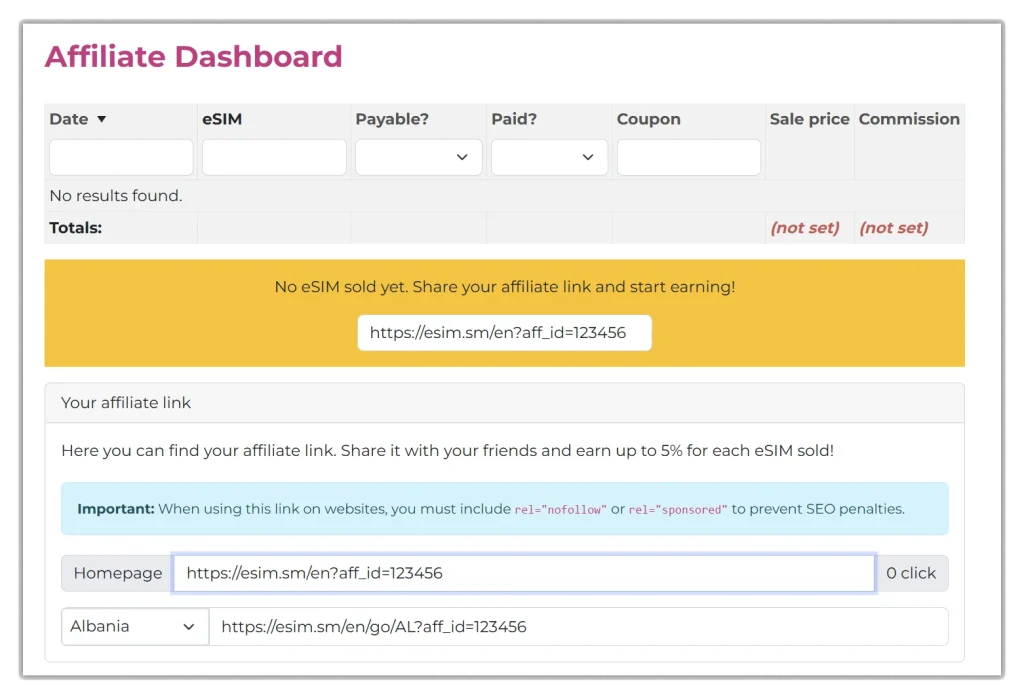 eSIM affiliate dashboard