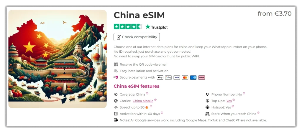 only China Mobile option is for China destination with eSIM.sm